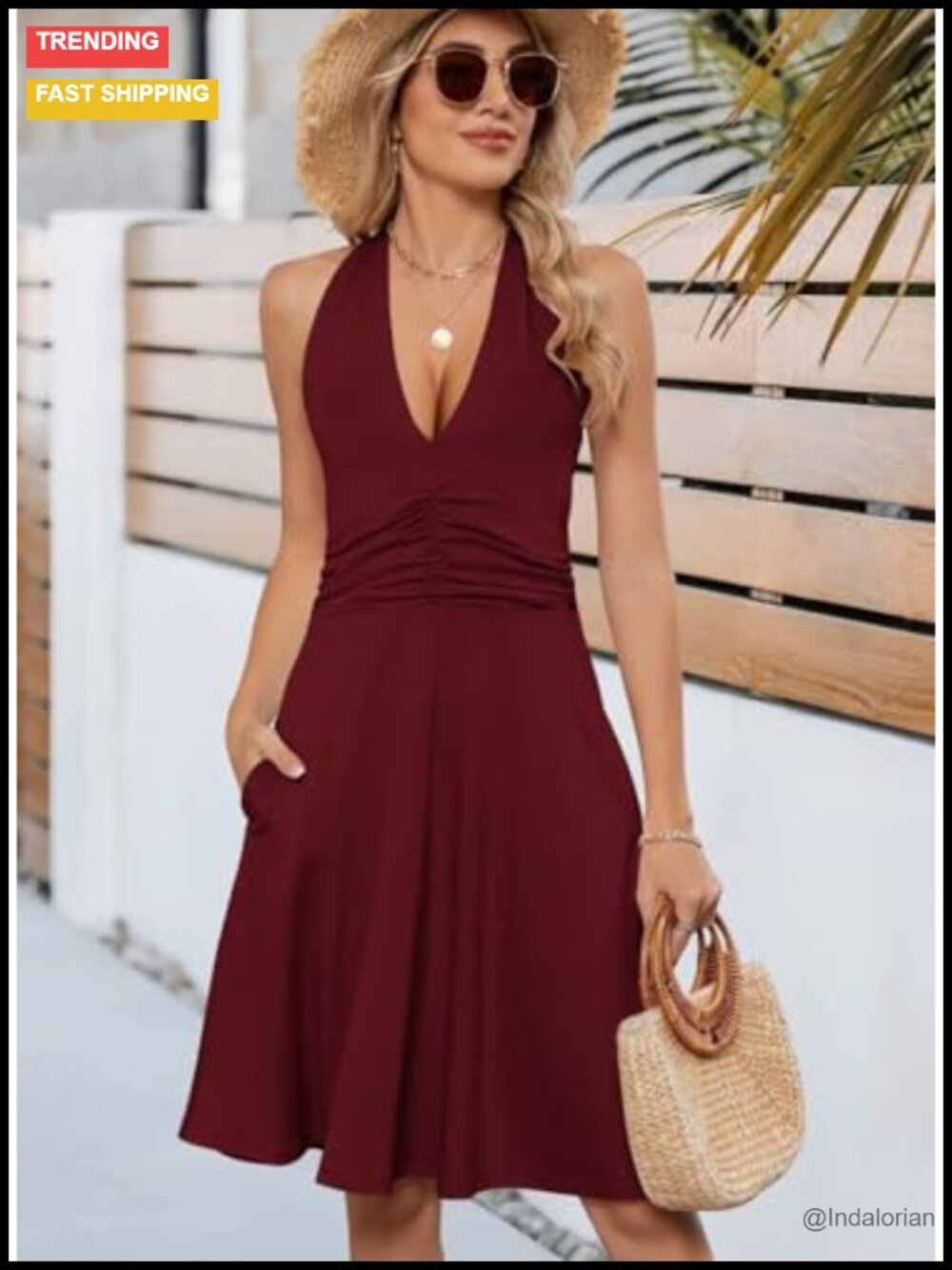 Halter Neck Backless Mini Sundress with Pocket Flowy Boho Summer Dress - Picture 4 of 6